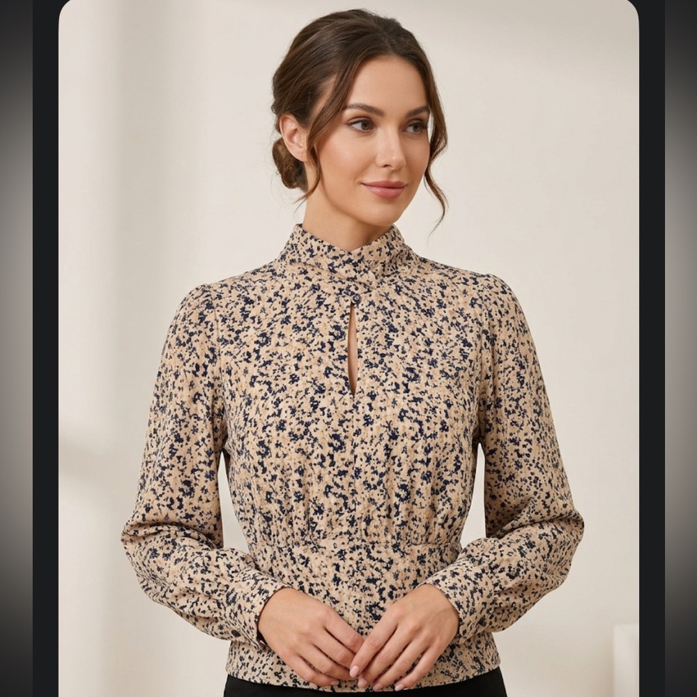Mock-Neck Floral Print Blouse in Beige and Navy
